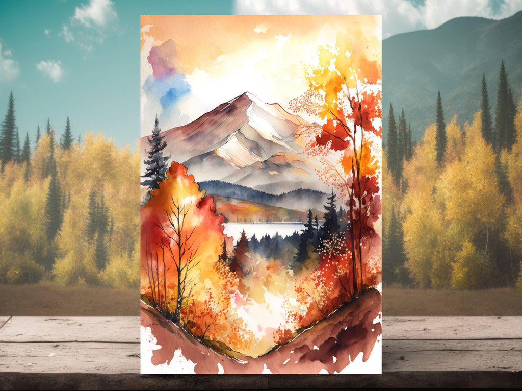 Autumn Forest Mountain Wall Art Cabin Decor Landscape Watercolor Painting Fall Prints Outdoorsy Gifts Woodland Nursery Cottagecore Decor