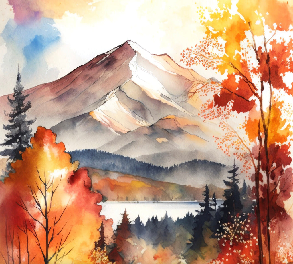 Autumn Forest Mountain Wall Art Cabin Decor Landscape Watercolor Painting Fall Prints Outdoorsy Gifts Woodland Nursery Cottagecore Decor