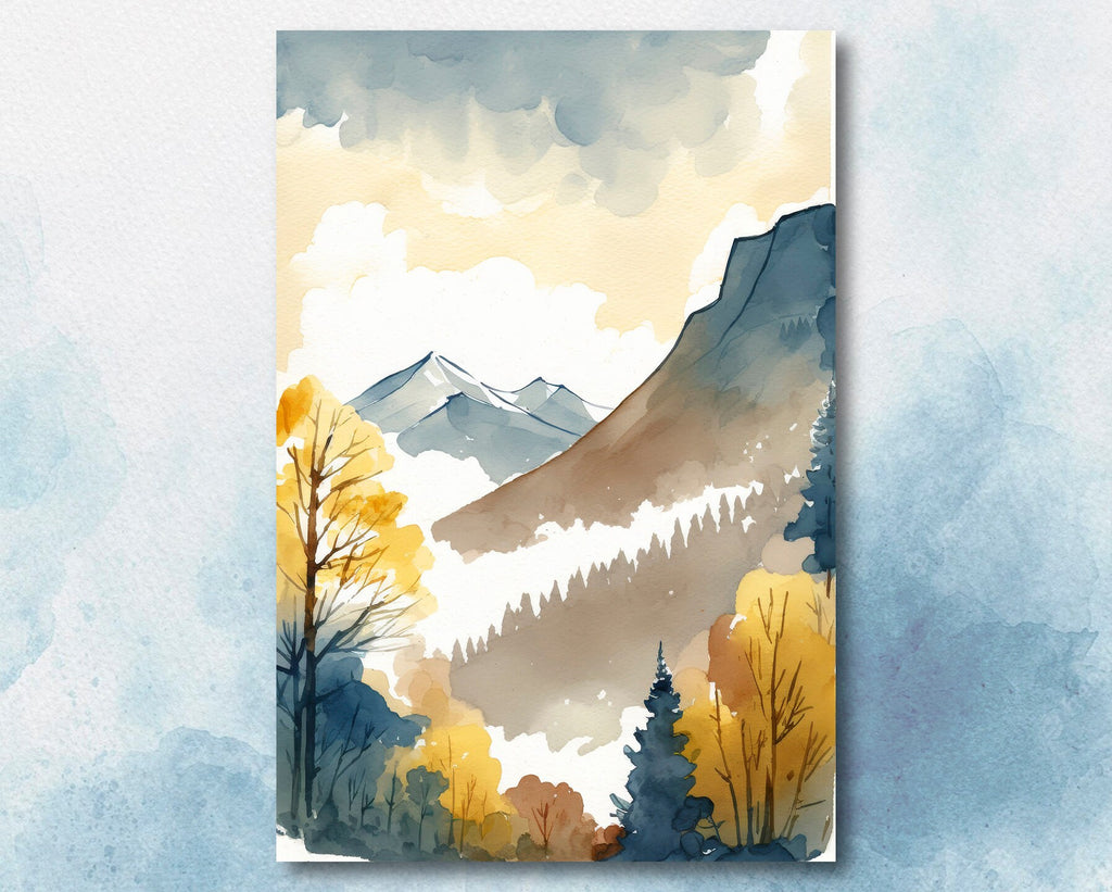 Autumn Forest Mountain Wall Art Cabin Decor Landscape Watercolor Painting Fall Prints Outdoorsy Gifts Woodland Nursery Cottagecore Decor