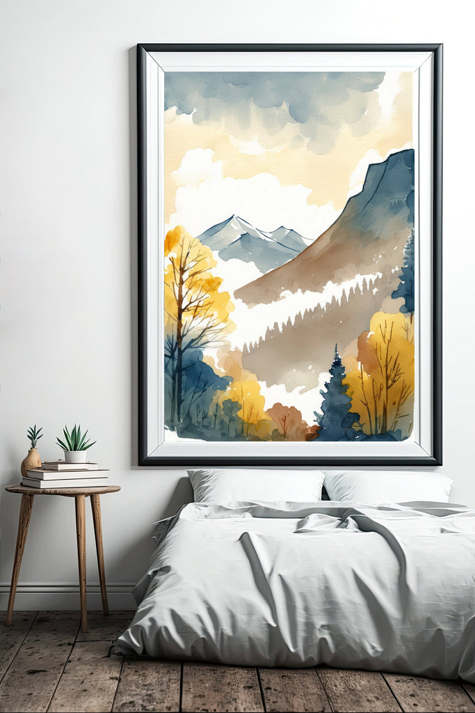 Autumn Forest Mountain Wall Art Cabin Decor Landscape Watercolor Painting Fall Prints Outdoorsy Gifts Woodland Nursery Cottagecore Decor