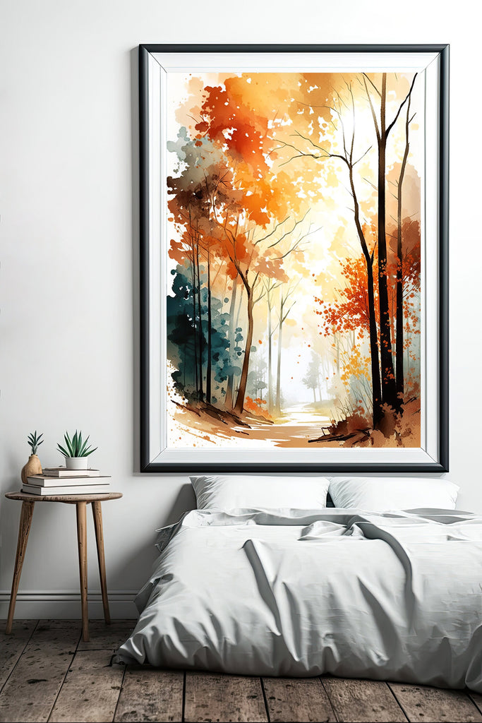 Autumn Sunset Forest Wall Art Cabin Decor Landscape Watercolor Painting Fall Prints Outdoorsy Gifts Woodland Nursery Cottagecore Decor