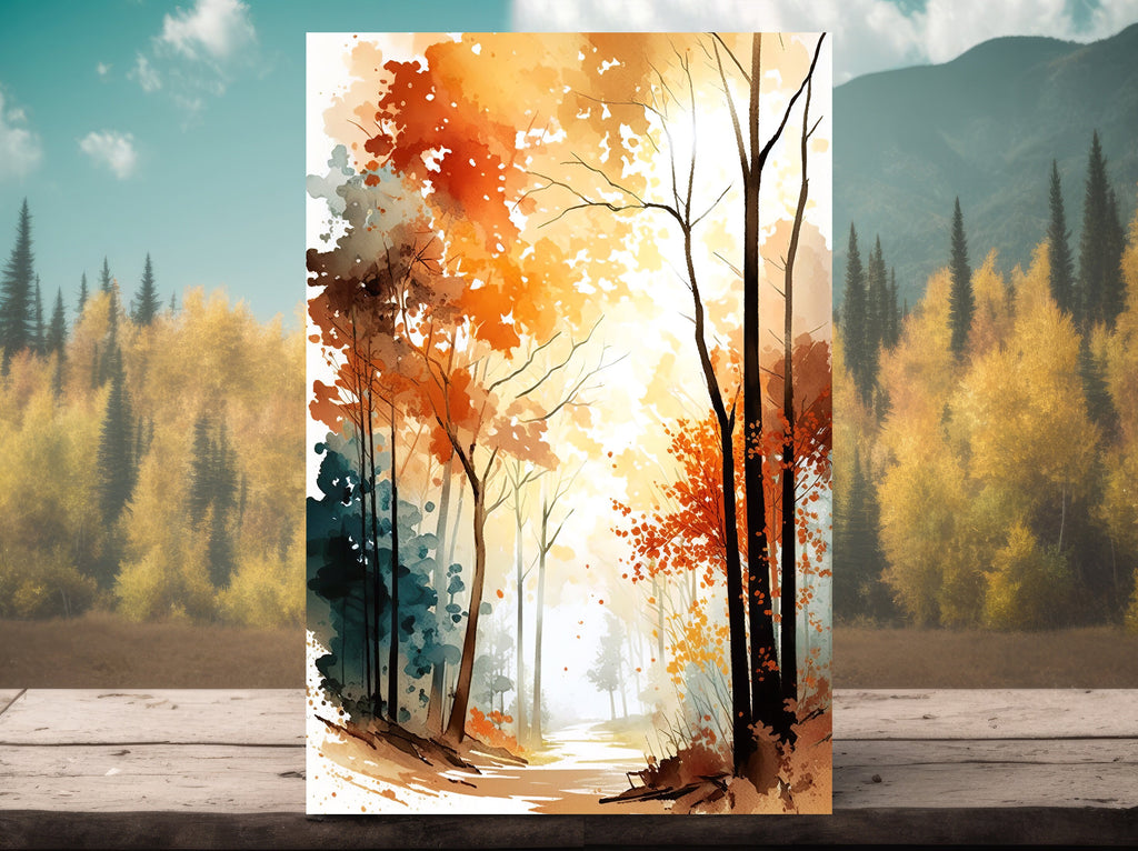 Autumn Sunset Forest Wall Art Cabin Decor Landscape Watercolor Painting Fall Prints Outdoorsy Gifts Woodland Nursery Cottagecore Decor