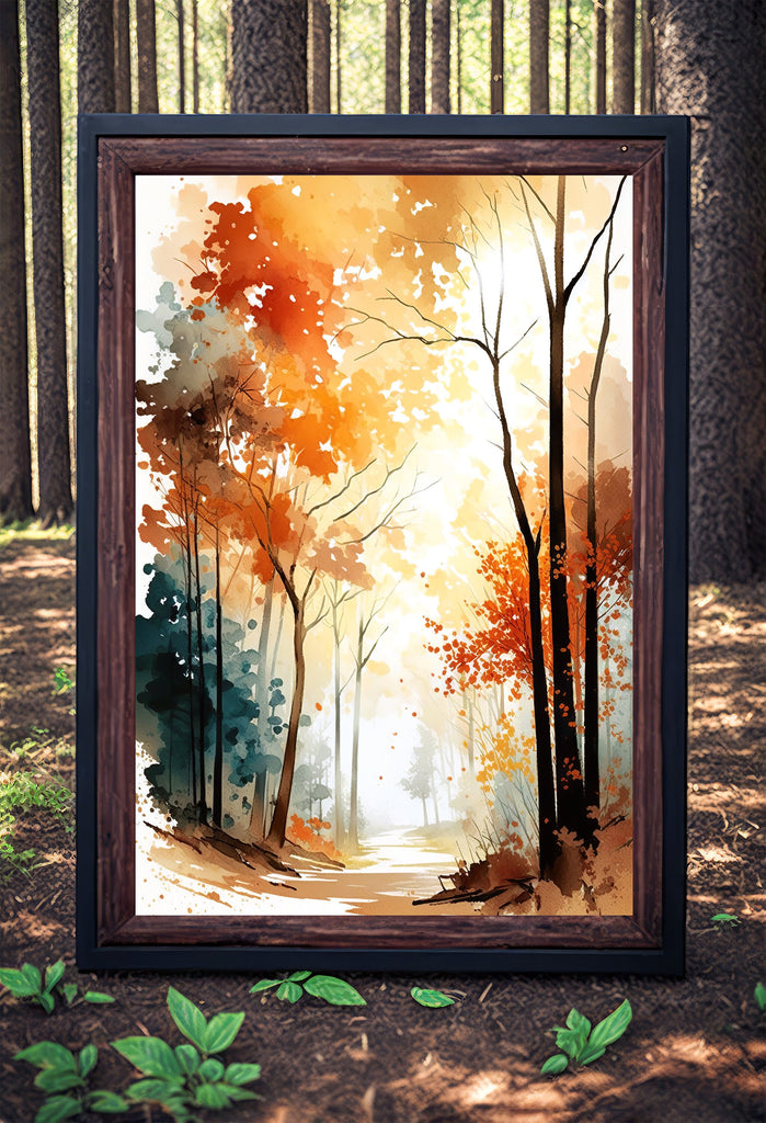 Autumn Sunset Forest Wall Art Cabin Decor Landscape Watercolor Painting Fall Prints Outdoorsy Gifts Woodland Nursery Cottagecore Decor