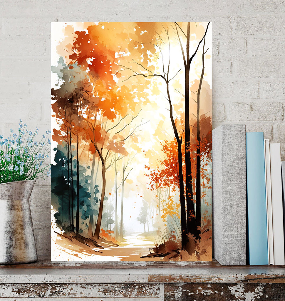 Autumn Sunset Forest Wall Art Cabin Decor Landscape Watercolor Painting Fall Prints Outdoorsy Gifts Woodland Nursery Cottagecore Decor