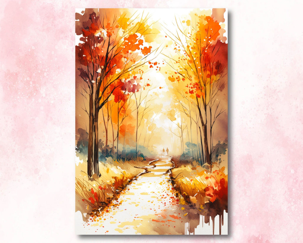 Autumn Sunset Forest Wall Art Cabin Decor Landscape Watercolor Painting Fall Prints Outdoorsy Gifts Woodland Nursery Cottagecore Decor