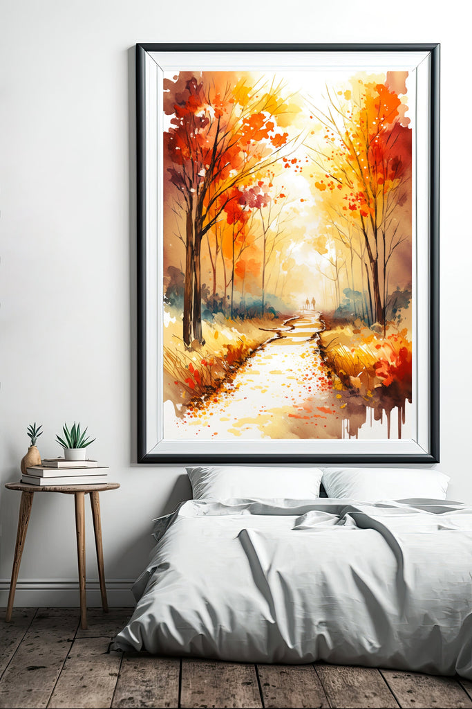 Autumn Sunset Forest Wall Art Cabin Decor Landscape Watercolor Painting Fall Prints Outdoorsy Gifts Woodland Nursery Cottagecore Decor