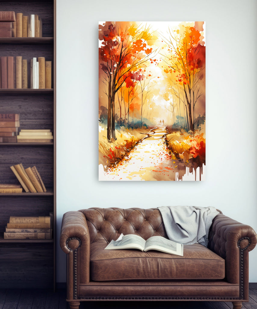 Autumn Sunset Forest Wall Art Cabin Decor Landscape Watercolor Painting Fall Prints Outdoorsy Gifts Woodland Nursery Cottagecore Decor