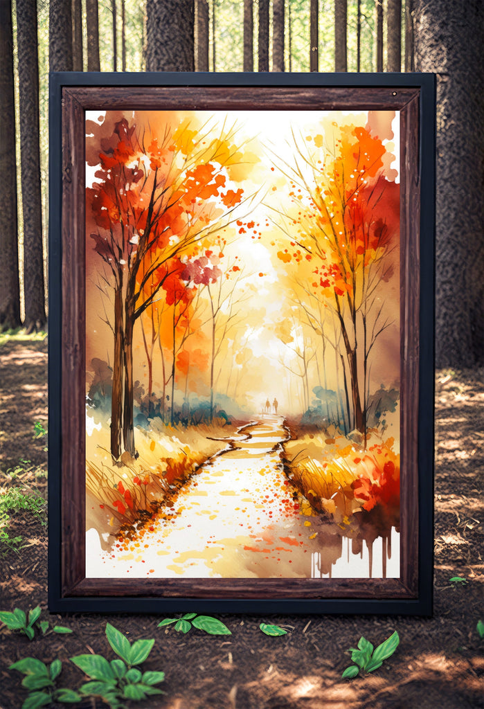 Autumn Sunset Forest Wall Art Cabin Decor Landscape Watercolor Painting Fall Prints Outdoorsy Gifts Woodland Nursery Cottagecore Decor