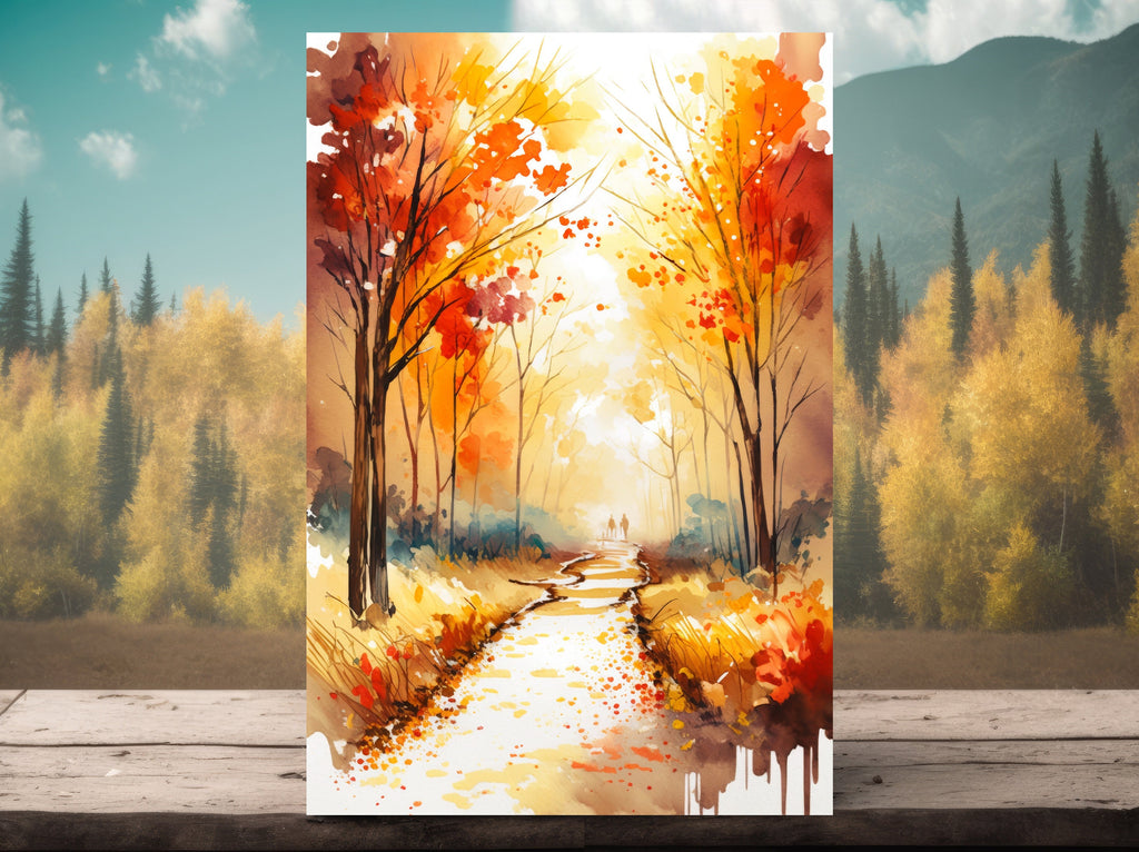 Autumn Sunset Forest Wall Art Cabin Decor Landscape Watercolor Painting Fall Prints Outdoorsy Gifts Woodland Nursery Cottagecore Decor