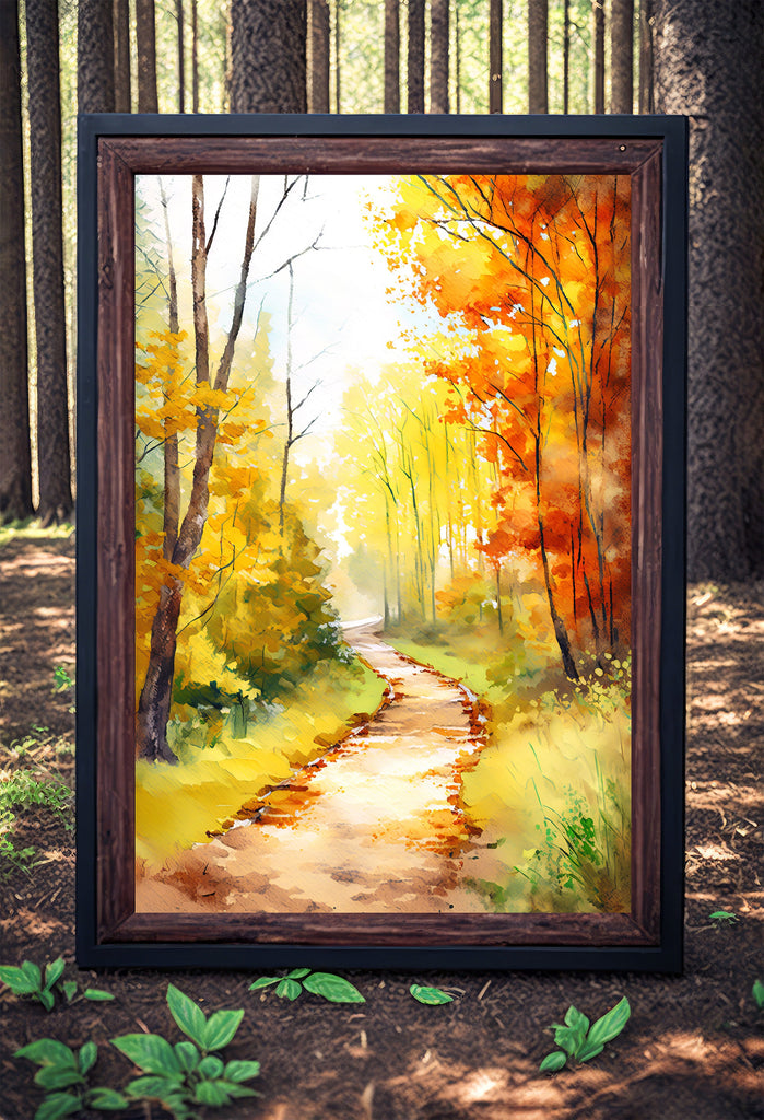 Autumn Sunset Forest Wall Art Cabin Decor Landscape Watercolor Painting Fall Prints Outdoorsy Gifts Woodland Nursery Cottagecore Decor