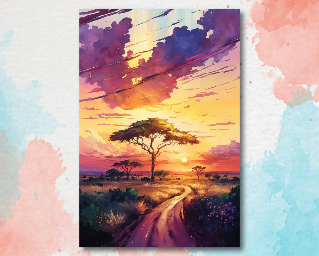 African Serengeti Sunset Wall Art Safari Print Africa Savanna Watercolor Landscape Painting Travel Gift Nature Inspired Decor