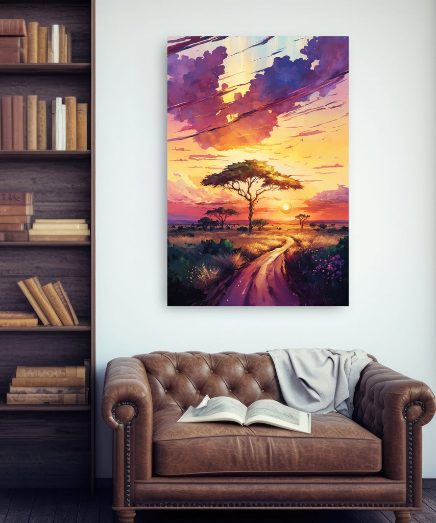 African Serengeti Sunset Wall Art Safari Print Africa Savanna Watercolor Landscape Painting Travel Gift Nature Inspired Decor