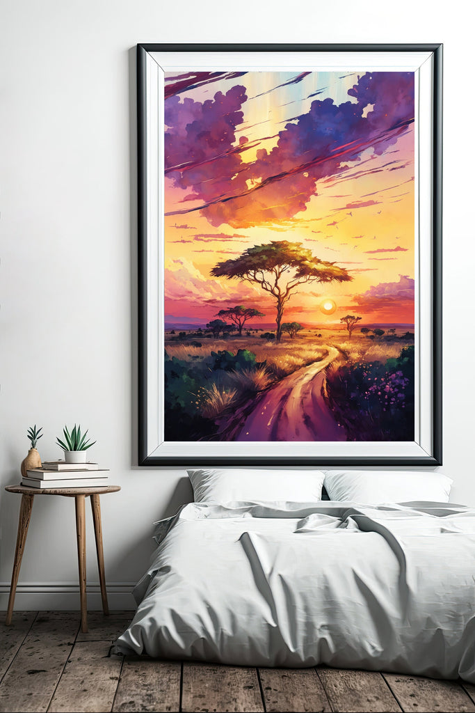 African Serengeti Sunset Wall Art Safari Print Africa Savanna Watercolor Landscape Painting Travel Gift Nature Inspired Decor