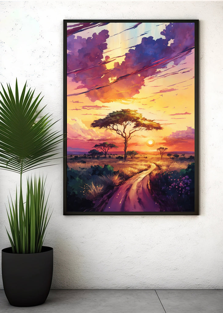 African Serengeti Sunset Wall Art Safari Print Africa Savanna Watercolor Landscape Painting Travel Gift Nature Inspired Decor