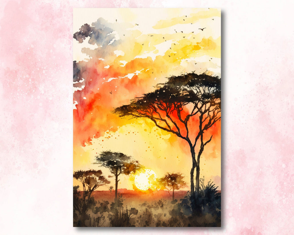 African Serengeti Sunset Wall Art Safari Print Africa Savanna Watercolor Landscape Painting Travel Gift Nature Inspired Decor