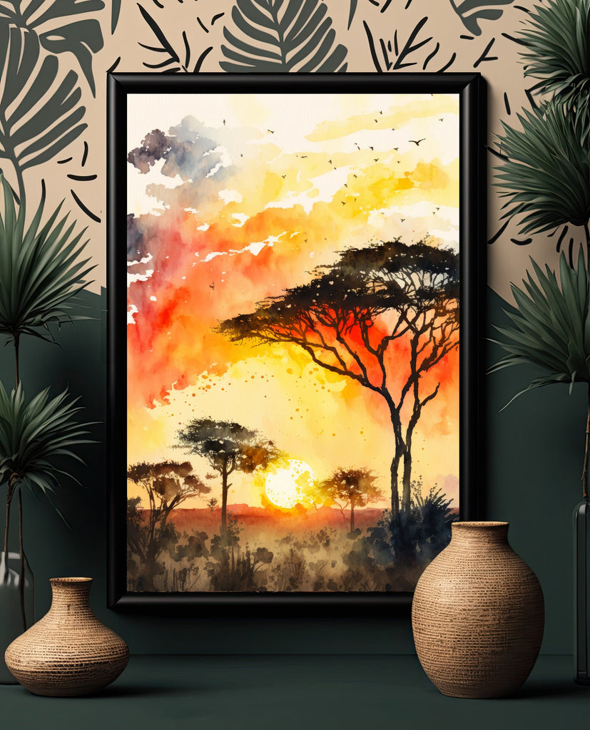 African Serengeti Sunset Wall Art Safari Print Africa Savanna Watercolor Landscape Painting Travel Gift Nature Inspired Decor