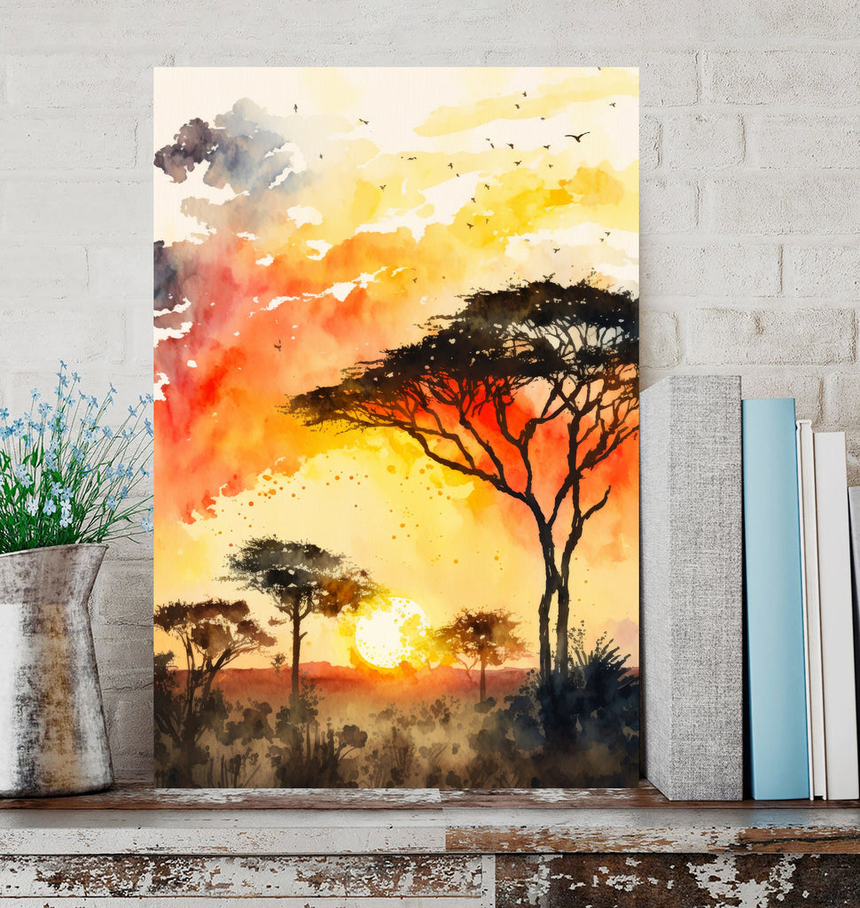 African Serengeti Sunset Wall Art Safari Print Africa Savanna Watercolor Landscape Painting Travel Gift Nature Inspired Decor