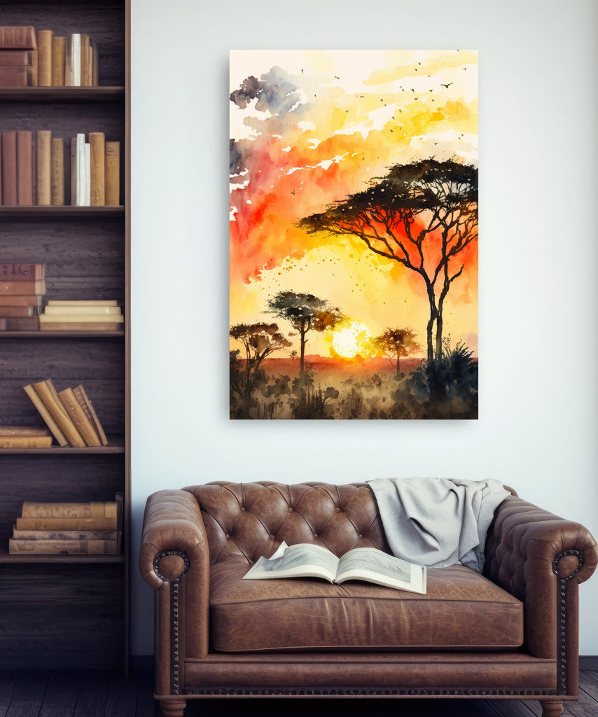 African Serengeti Sunset Wall Art Safari Print Africa Savanna Watercolor Landscape Painting Travel Gift Nature Inspired Decor