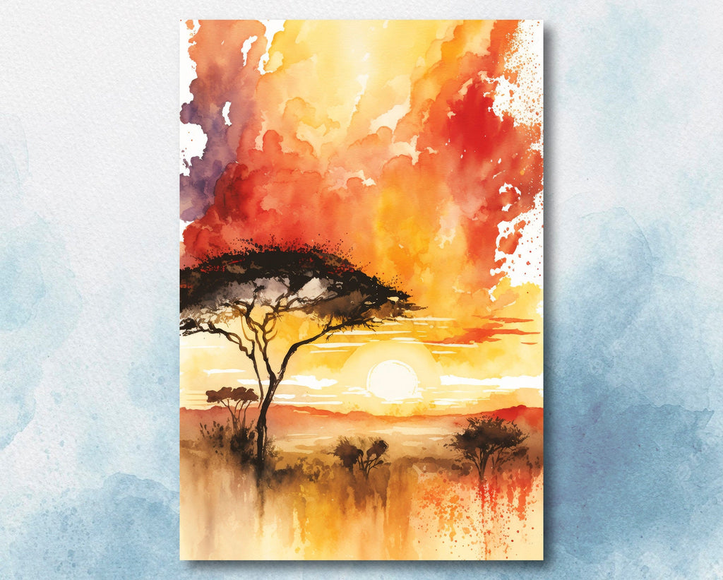 African Serengeti Sunset Wall Art Safari Print Africa Savanna Watercolor Landscape Painting Travel Gift Nature Inspired Decor