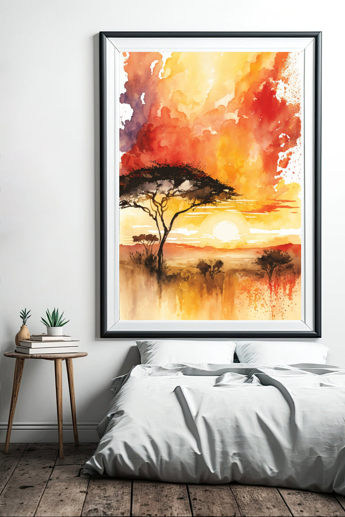 African Serengeti Sunset Wall Art Safari Print Africa Savanna Watercolor Landscape Painting Travel Gift Nature Inspired Decor