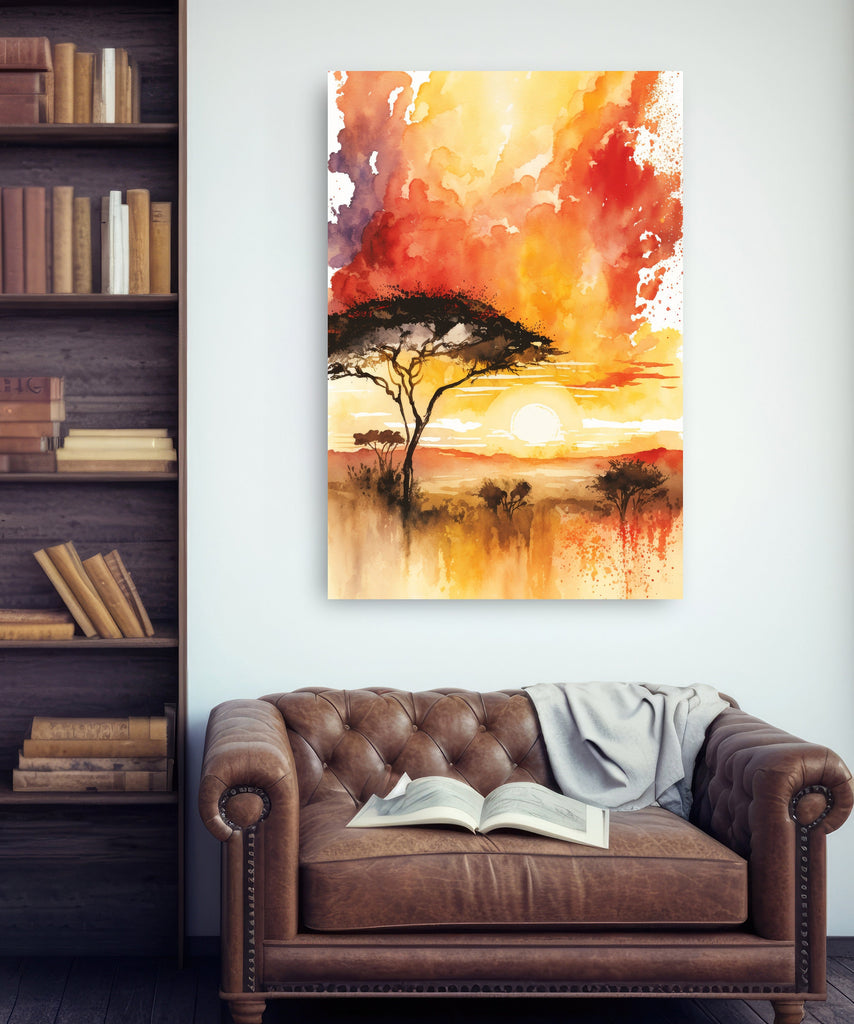 African Serengeti Sunset Wall Art Safari Print Africa Savanna Watercolor Landscape Painting Travel Gift Nature Inspired Decor