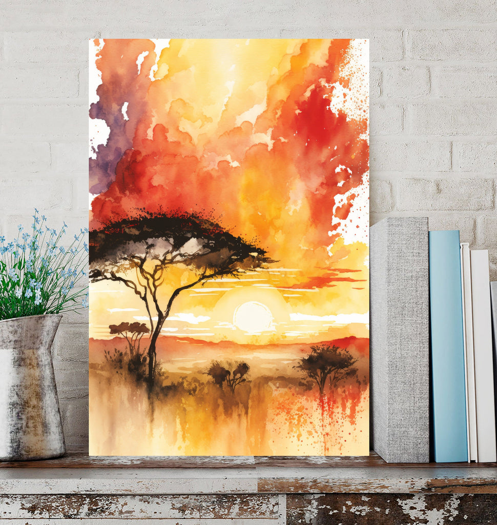 African Serengeti Sunset Wall Art Safari Print Africa Savanna Watercolor Landscape Painting Travel Gift Nature Inspired Decor