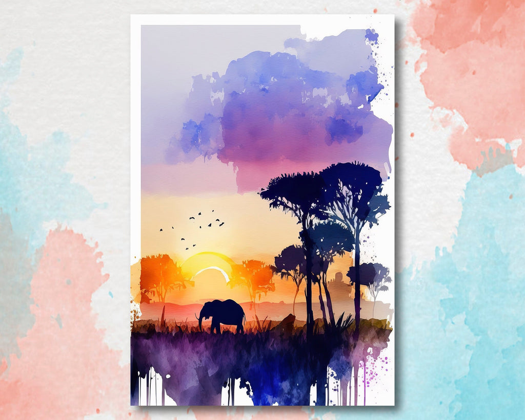 African Serengeti Elephant Sunset Wall Art Safari Print Africa Savanna Watercolor Landscape Painting Travel Gift Nature Inspired Decor