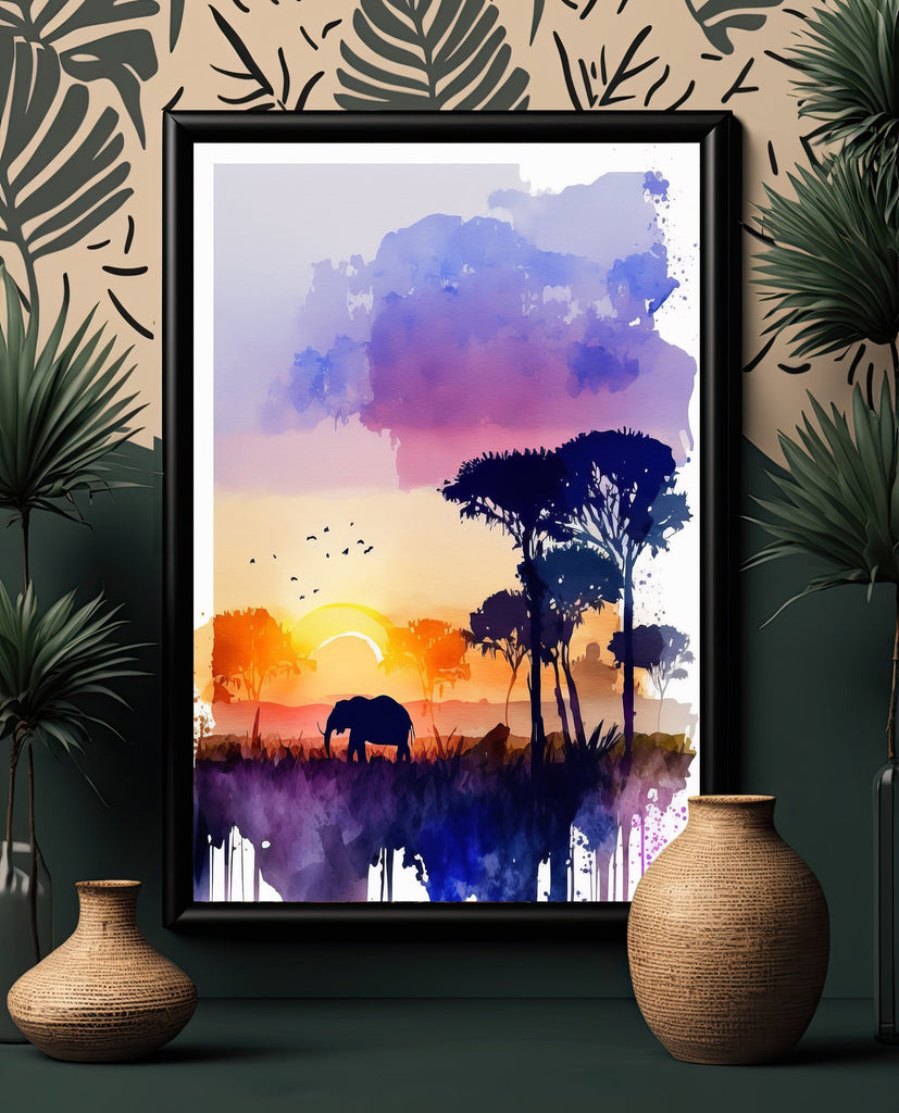 African Serengeti Elephant Sunset Wall Art Safari Print Africa Savanna Watercolor Landscape Painting Travel Gift Nature Inspired Decor