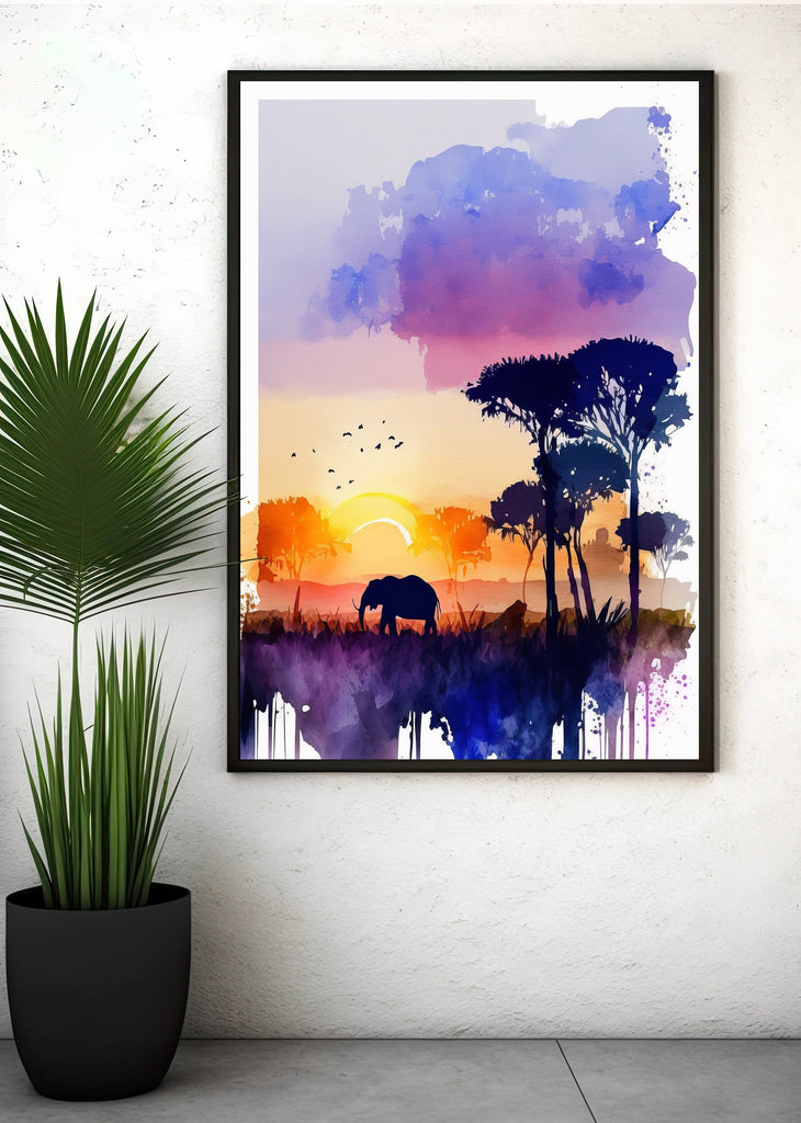 African Serengeti Elephant Sunset Wall Art Safari Print Africa Savanna Watercolor Landscape Painting Travel Gift Nature Inspired Decor