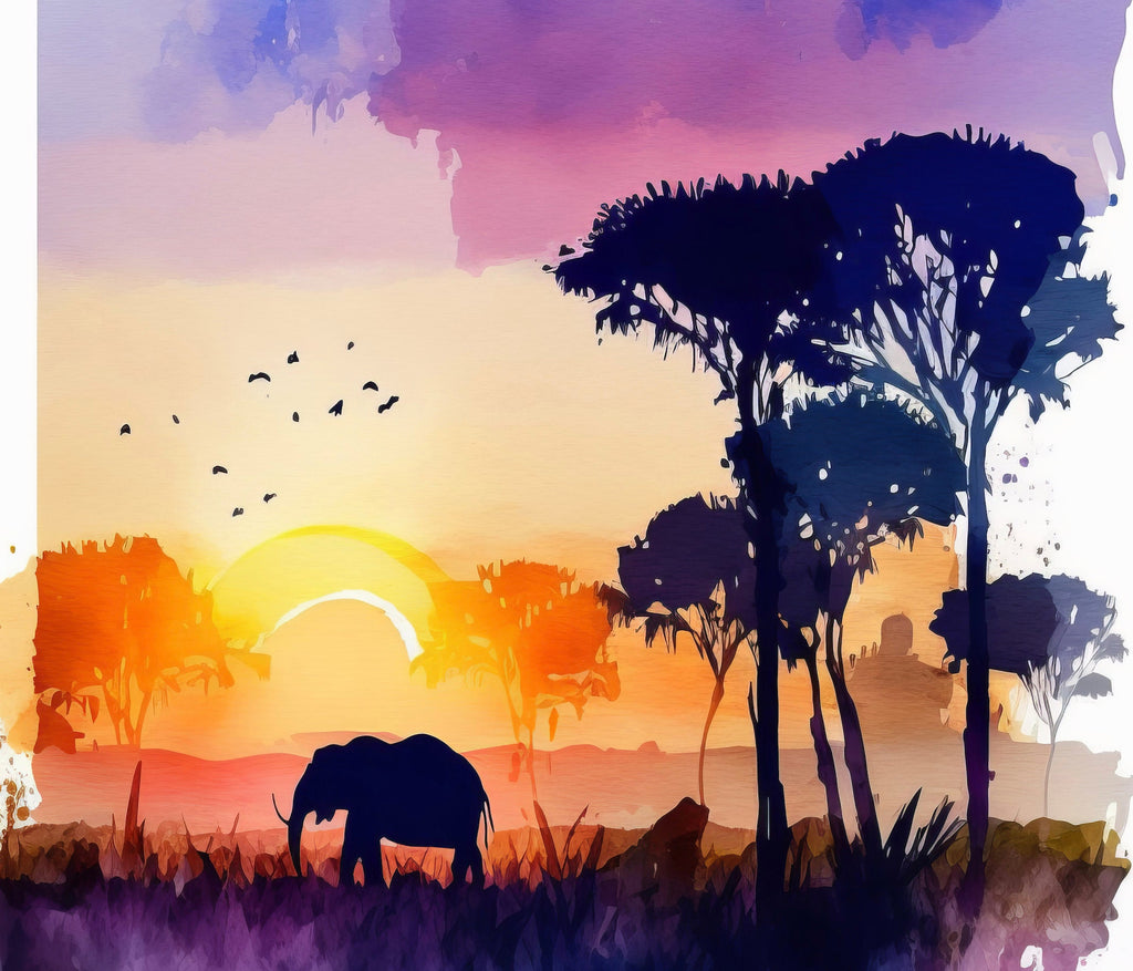 African Serengeti Elephant Sunset Wall Art Safari Print Africa Savanna Watercolor Landscape Painting Travel Gift Nature Inspired Decor