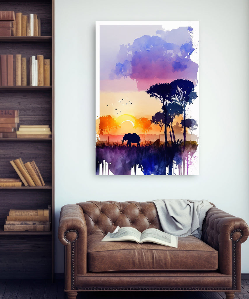 African Serengeti Elephant Sunset Wall Art Safari Print Africa Savanna Watercolor Landscape Painting Travel Gift Nature Inspired Decor