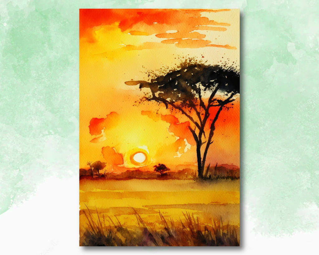 African Serengeti Sunset Wall Art Safari Print Africa Savanna Watercolor Landscape Painting Travel Gift Nature Inspired Decor