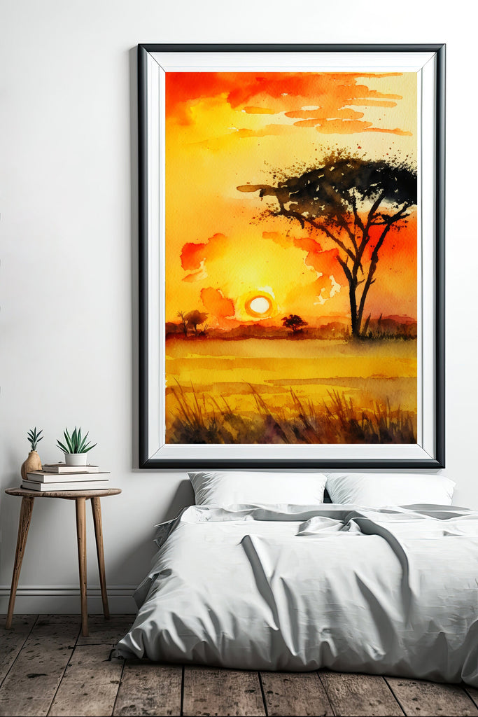 African Serengeti Sunset Wall Art Safari Print Africa Savanna Watercolor Landscape Painting Travel Gift Nature Inspired Decor