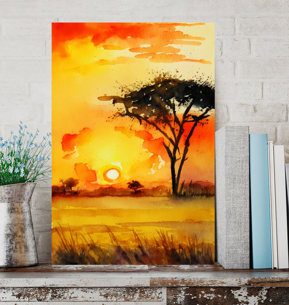 African Serengeti Sunset Wall Art Safari Print Africa Savanna Watercolor Landscape Painting Travel Gift Nature Inspired Decor