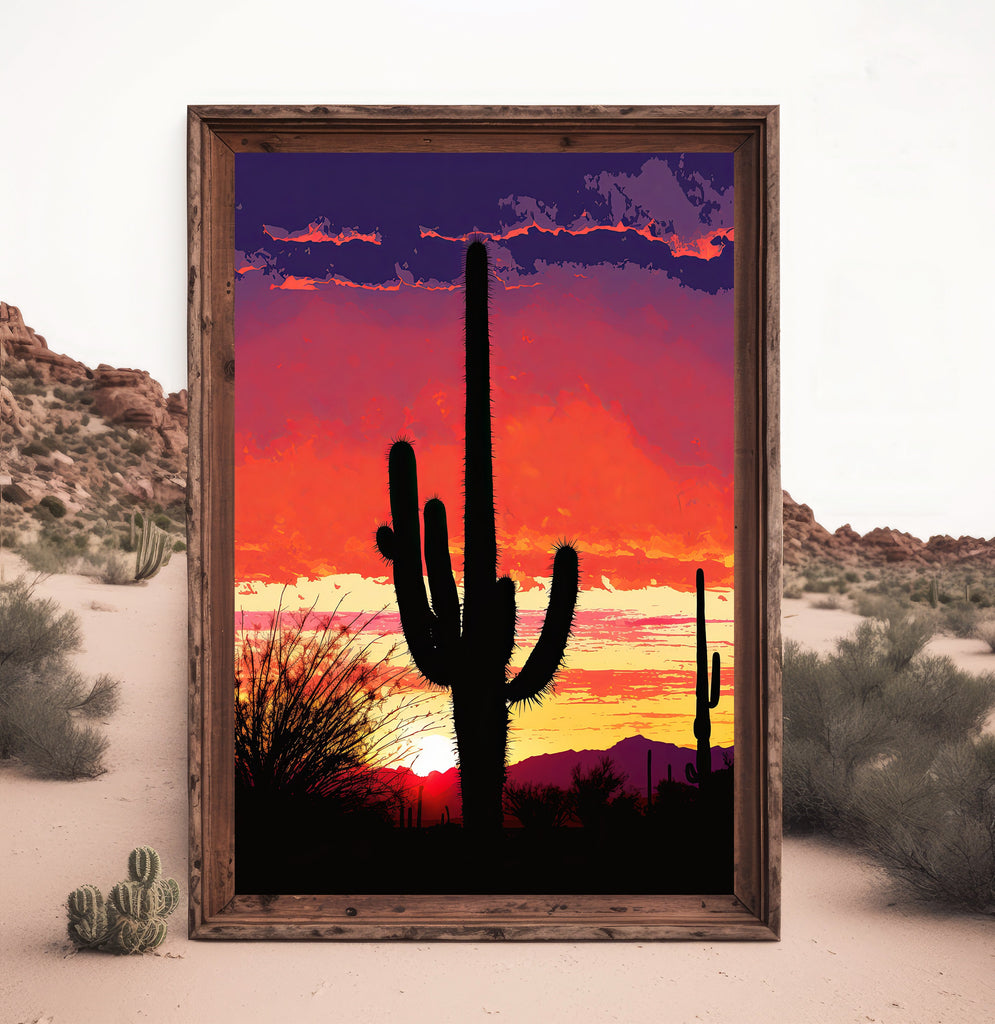 Desert Cactus Sunset Print Colorful Watercolor Wall Art Southwest Landscape Gift Saguaro Beautiful Nature Home Decor