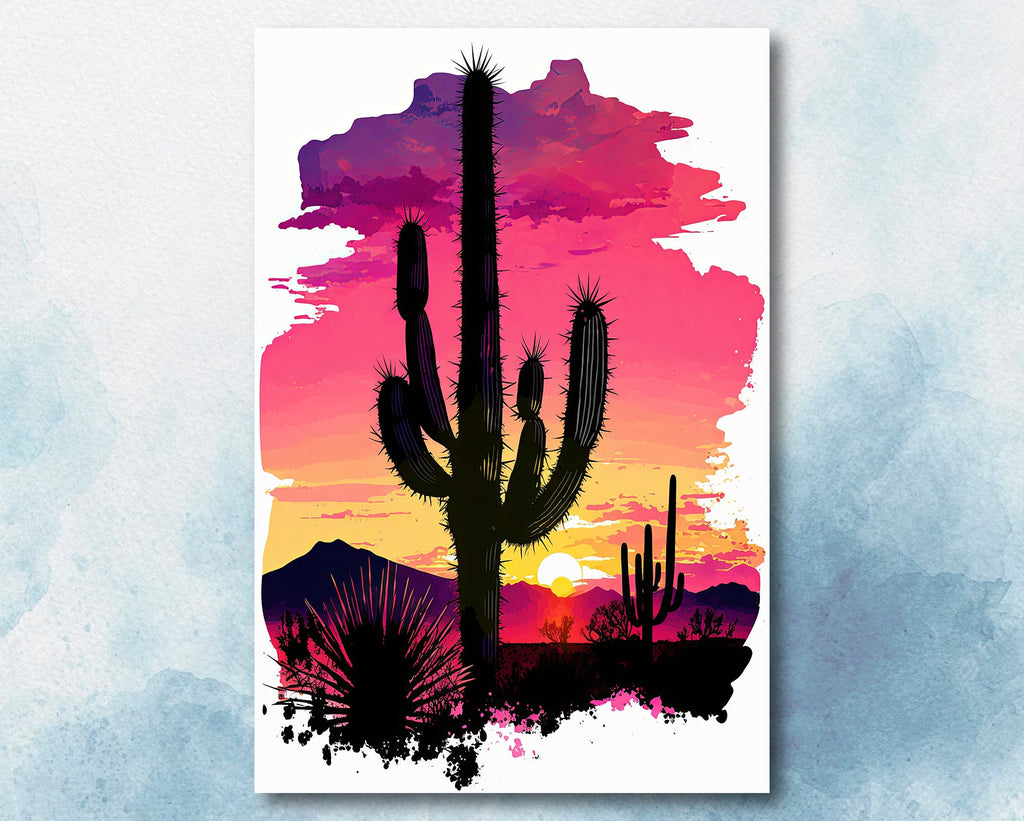 Desert Cactus Sunset Print Colorful Watercolor Wall Art Southwest Landscape Gift Saguaro Beautiful Nature Home Decor