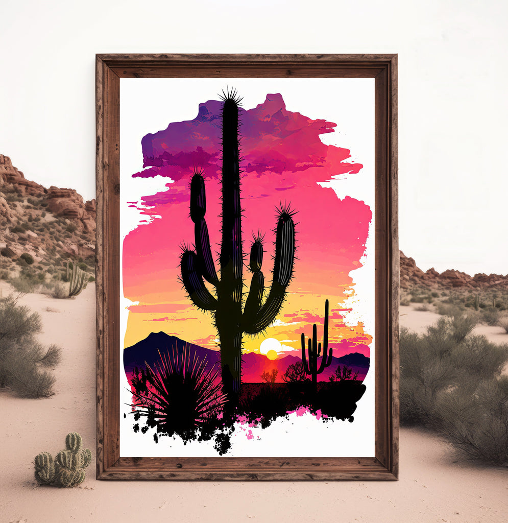 Desert Cactus Sunset Print Colorful Watercolor Wall Art Southwest Landscape Gift Saguaro Beautiful Nature Home Decor