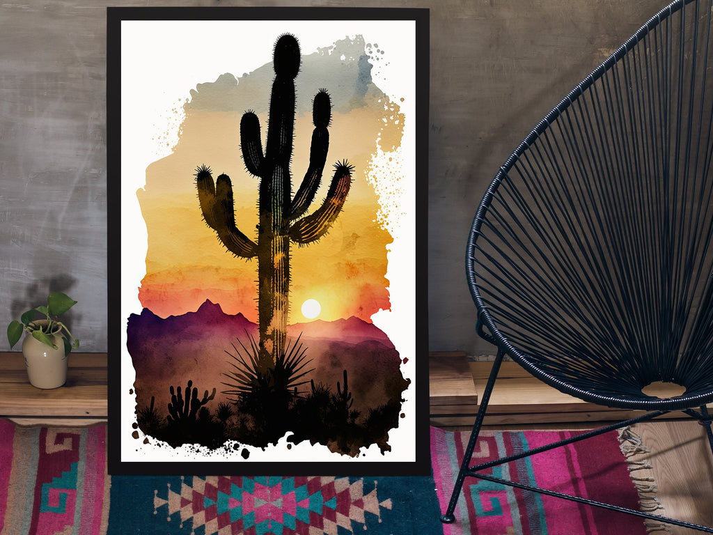 Desert Cactus Sunset Print Colorful Watercolor Wall Art Southwest Landscape Gift Saguaro Beautiful Nature Home Decor