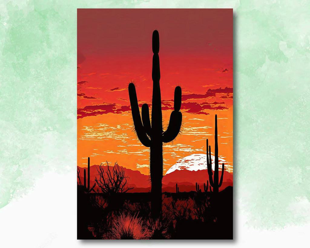 Desert Cactus Sunset Print Colorful Watercolor Wall Art Southwest Landscape Gift Saguaro Beautiful Nature Home Decor