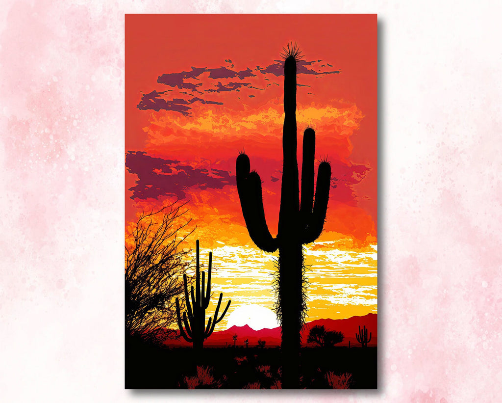 Desert Cactus Sunset Print Colorful Watercolor Wall Art Southwest Landscape Gift Saguaro Beautiful Nature Home Decor