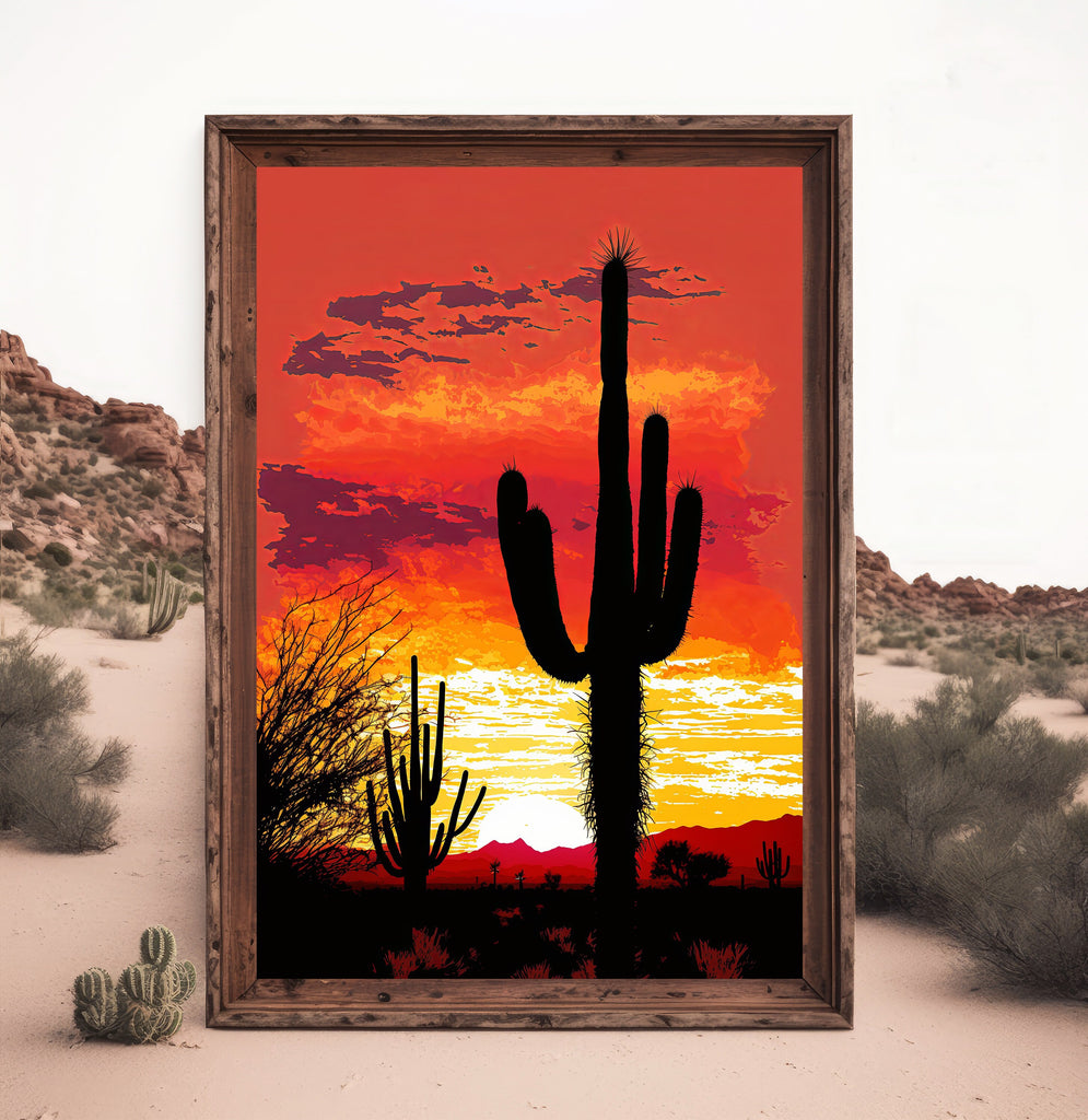 Desert Cactus Sunset Print Colorful Watercolor Wall Art Southwest Landscape Gift Saguaro Beautiful Nature Home Decor