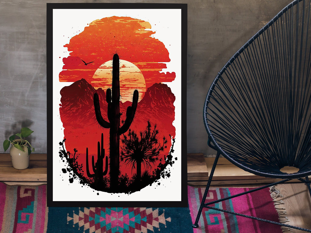 Desert Cactus Sunset Print Colorful Watercolor Wall Art Southwest Landscape Gift Saguaro Beautiful Nature Home Decor