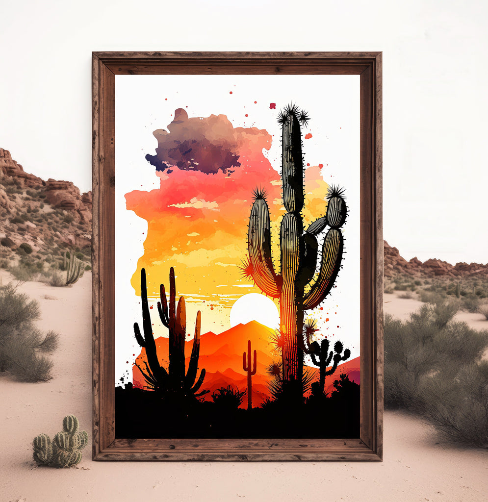 Desert Cactus Sunset Print Colorful Watercolor Wall Art Southwest Landscape Gift Saguaro Beautiful Nature Home Decor