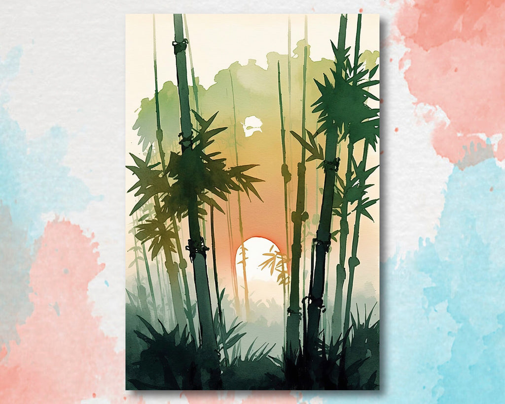 Japanese Bamboo Sunset Wall Art Asian Print Tropical Nature Inspired Zen Botanical Watercolor Painting Gift Floral Decor