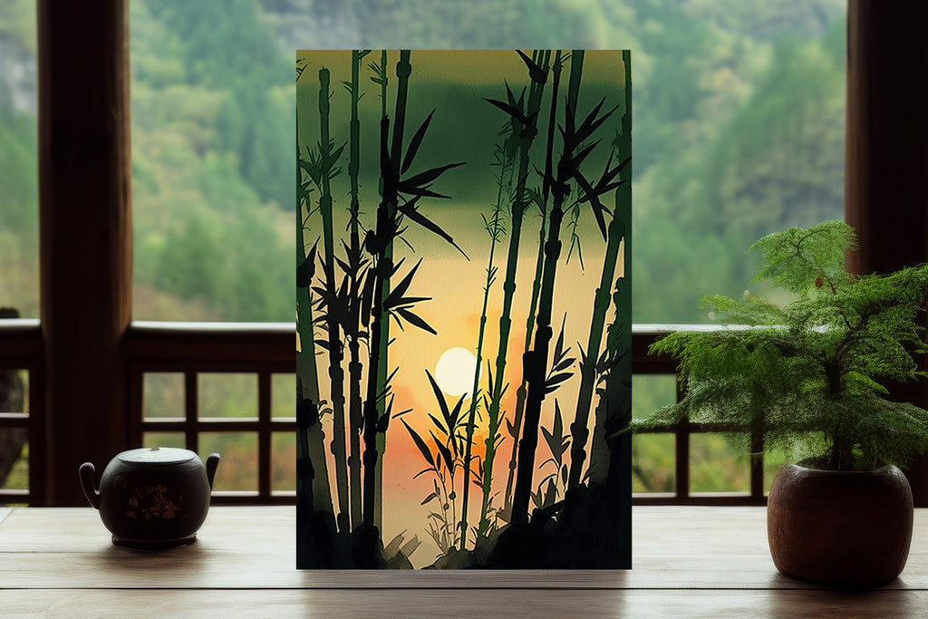 Japanese Bamboo Sunset Wall Art Asian Print Tropical Nature Inspired Zen Botanical Watercolor Painting Gift Floral Decor