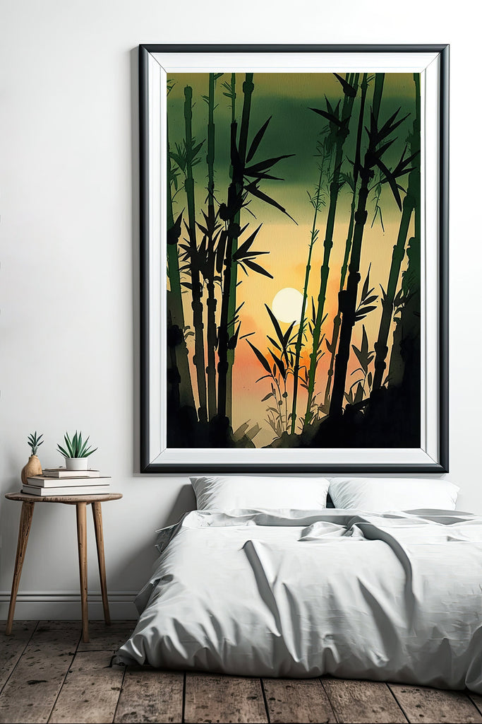 Japanese Bamboo Sunset Wall Art Asian Print Tropical Nature Inspired Zen Botanical Watercolor Painting Gift Floral Decor