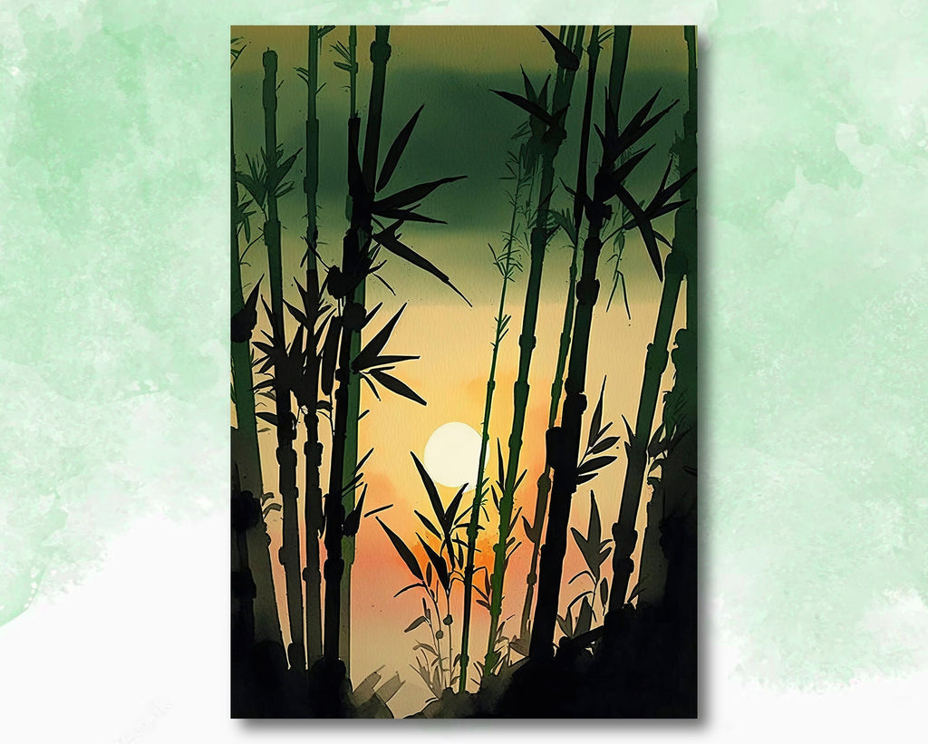 Japanese Bamboo Sunset Wall Art Asian Print Tropical Nature Inspired Zen Botanical Watercolor Painting Gift Floral Decor