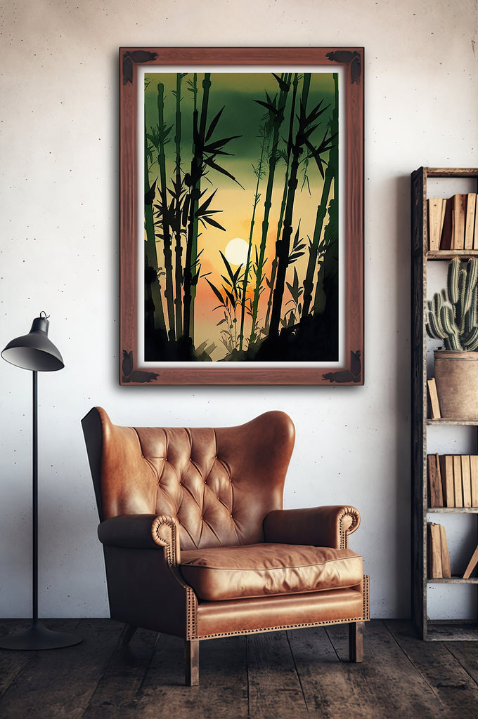 Japanese Bamboo Sunset Wall Art Asian Print Tropical Nature Inspired Zen Botanical Watercolor Painting Gift Floral Decor