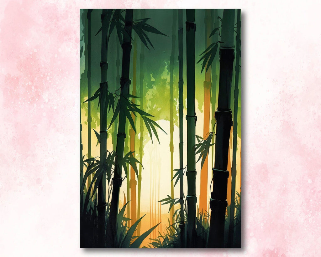 Japanese Bamboo Sunset Wall Art Asian Print Tropical Nature Inspired Zen Botanical Watercolor Painting Gift Floral Decor