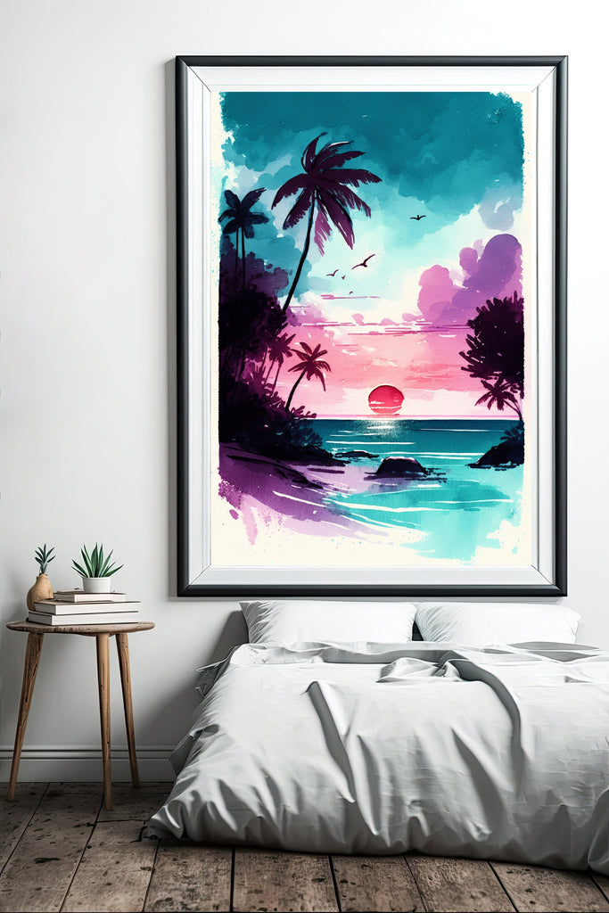 Palm Tree Sunset Art Print Tropical Watercolor Coastal Wall Art Nature Inspired Gift Beach House Home Decor